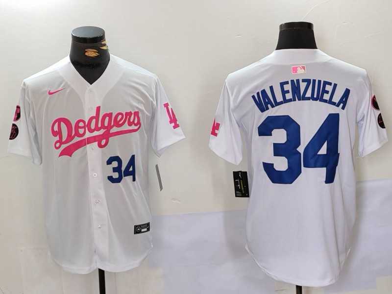 Men%27s Los Angeles Dodgers #34 Fernando Valenzuela White Pink Vin & Kobe Patch Stitched Baseball Jerseys->los angeles dodgers->MLB Jersey